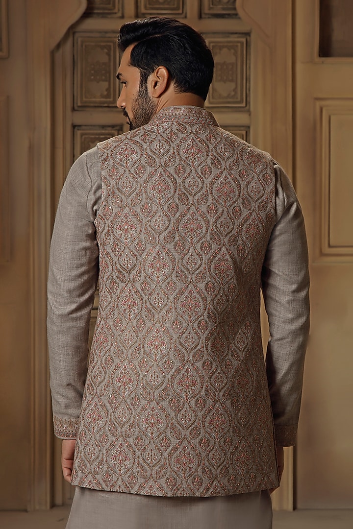 Grey Pashmina Silk Blend Kashmiri Embroidered Bundi Jacket Set by Vanshik at Pernia's Pop Up Shop