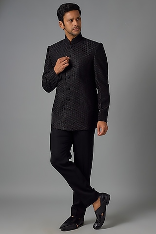 Black Silk Embroidered Jodhpuri Jacket Set by Vanshik