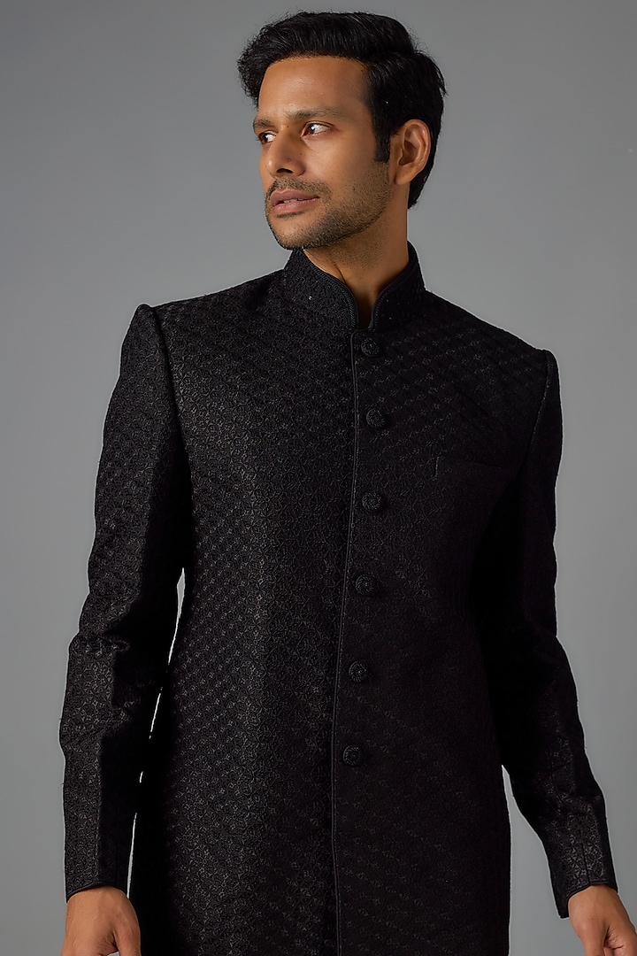 Black Silk Embroidered Jodhpuri Jacket Set by Vanshik at Pernia's Pop Up Shop