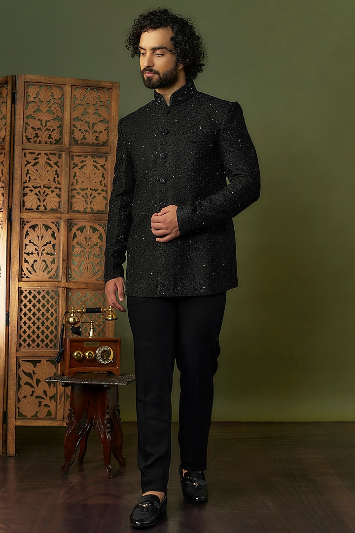 Black Silk Crystal Embroidered Jodhpuri Set by Vanshik