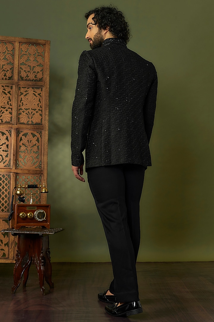 Black Silk Crystal Embroidered Jodhpuri Set by Vanshik at Pernia's Pop Up Shop