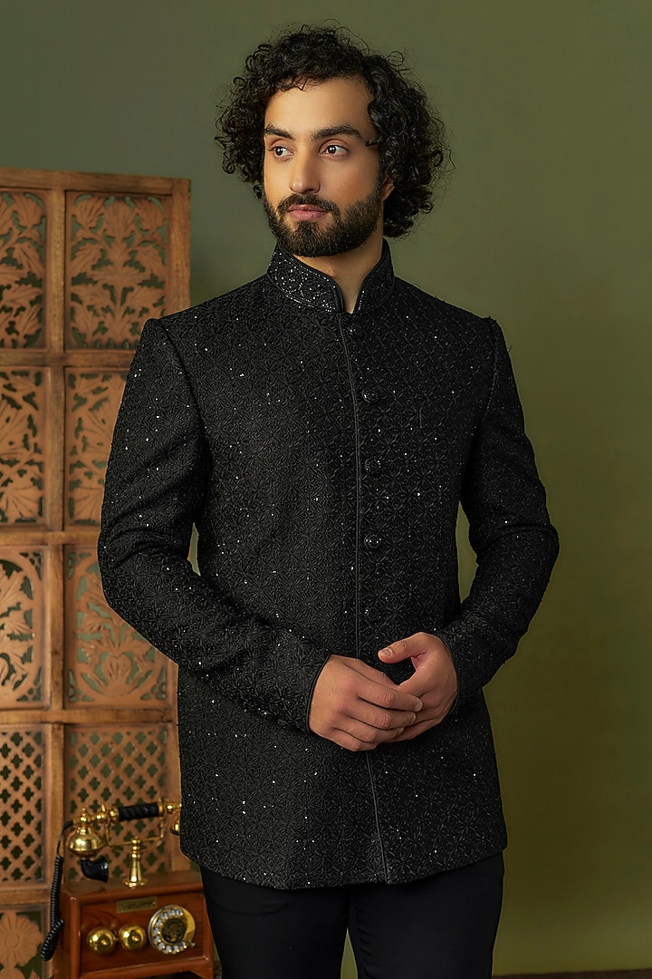 Black Silk Crystal Embroidered Jodhpuri Set by Vanshik at Pernia's Pop Up Shop
