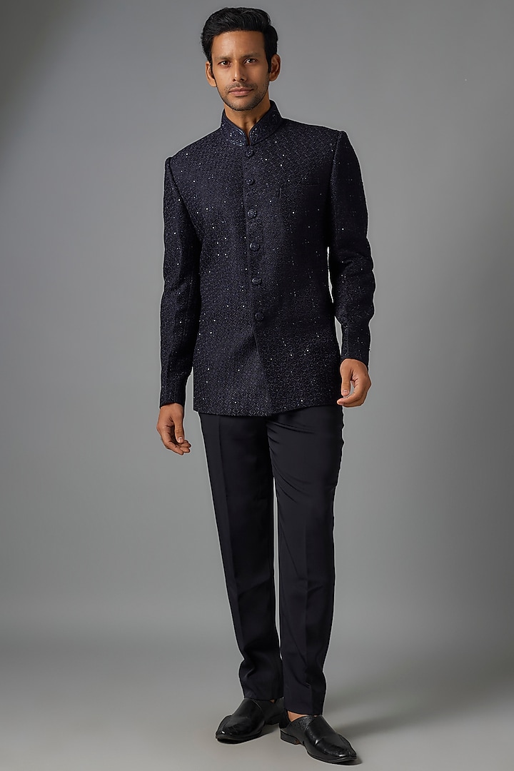 Blue Silk Hand Embroidered Jodhpuri Jacket Set by Vanshik