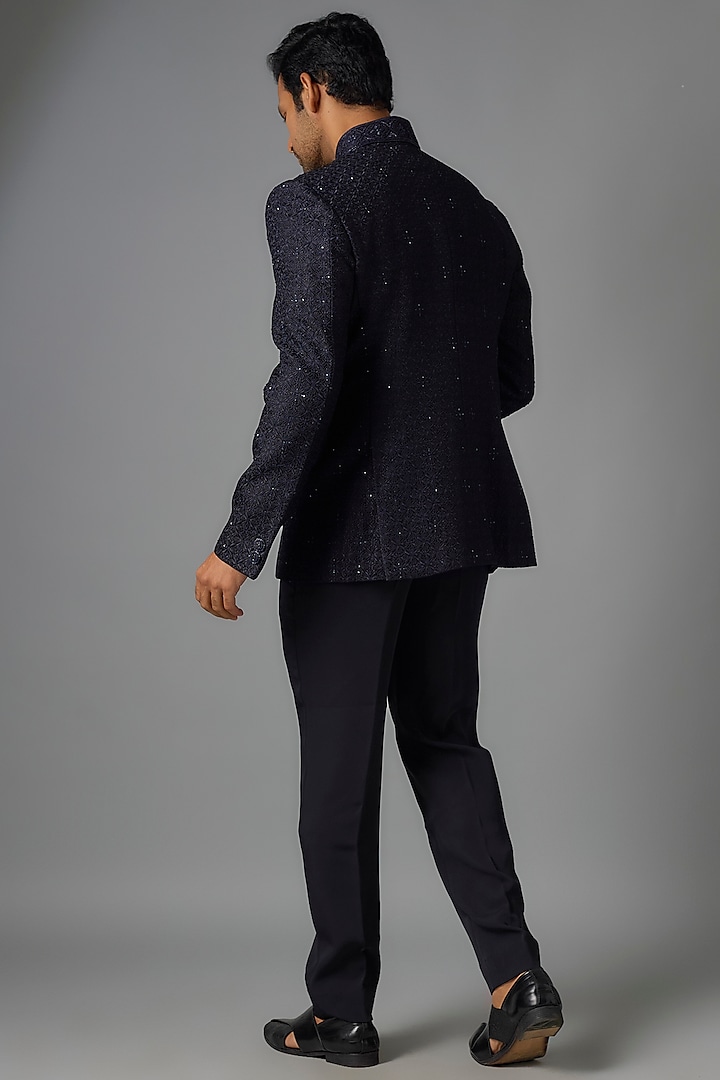 Blue Silk Hand Embroidered Jodhpuri Jacket Set by Vanshik at Pernia's Pop Up Shop