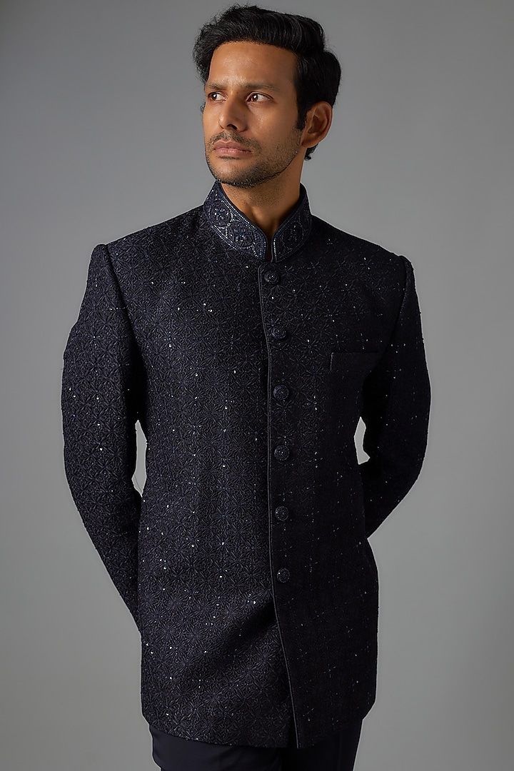 Blue Silk Hand Embroidered Jodhpuri Jacket Set by Vanshik at Pernia's Pop Up Shop
