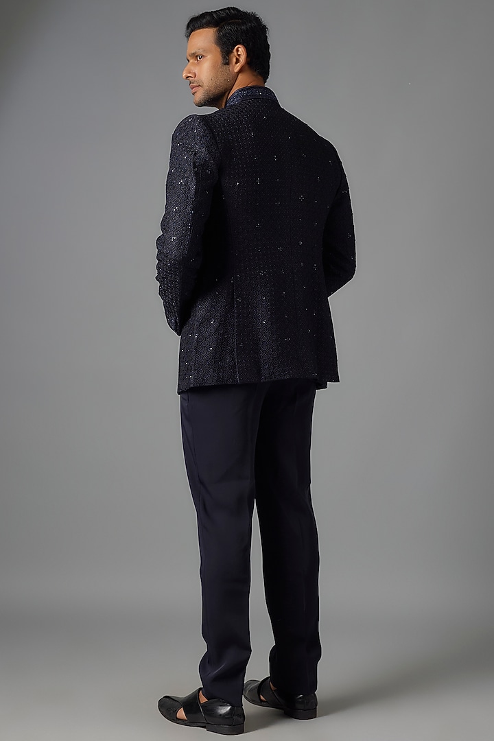 Blue Silk Hand Embroidered Jodhpuri Jacket Set by Vanshik at Pernia's Pop Up Shop