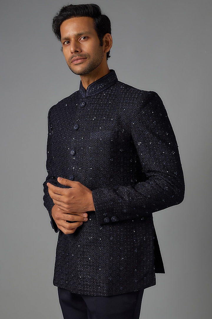 Blue Silk Hand Embroidered Jodhpuri Jacket Set by Vanshik at Pernia's Pop Up Shop