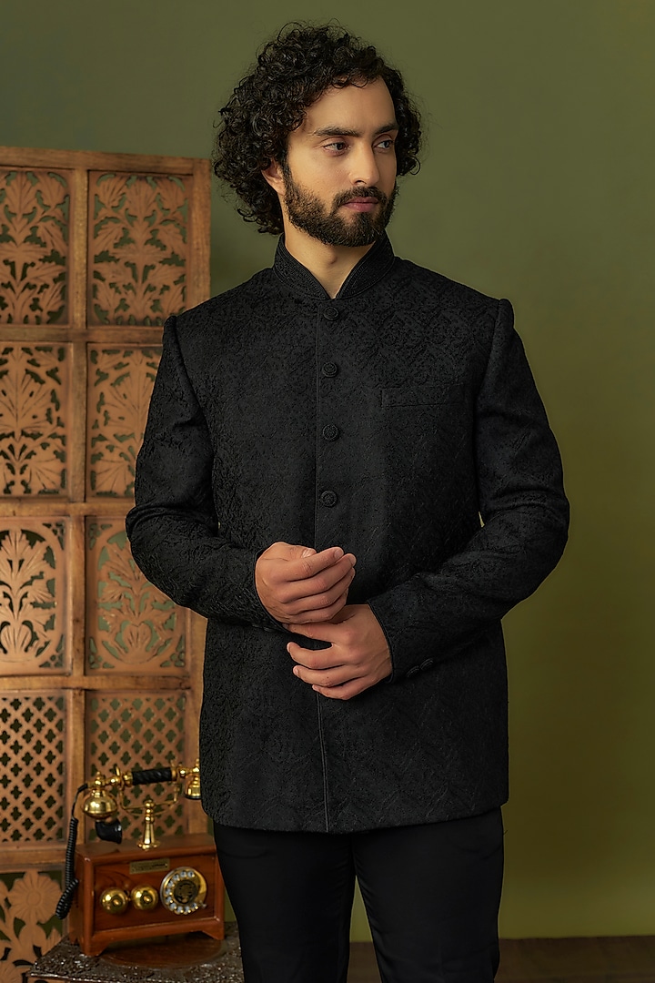 Black Pashmina Silk Crystal Embroidered Jodhpuri Set by Vanshik at Pernia's Pop Up Shop