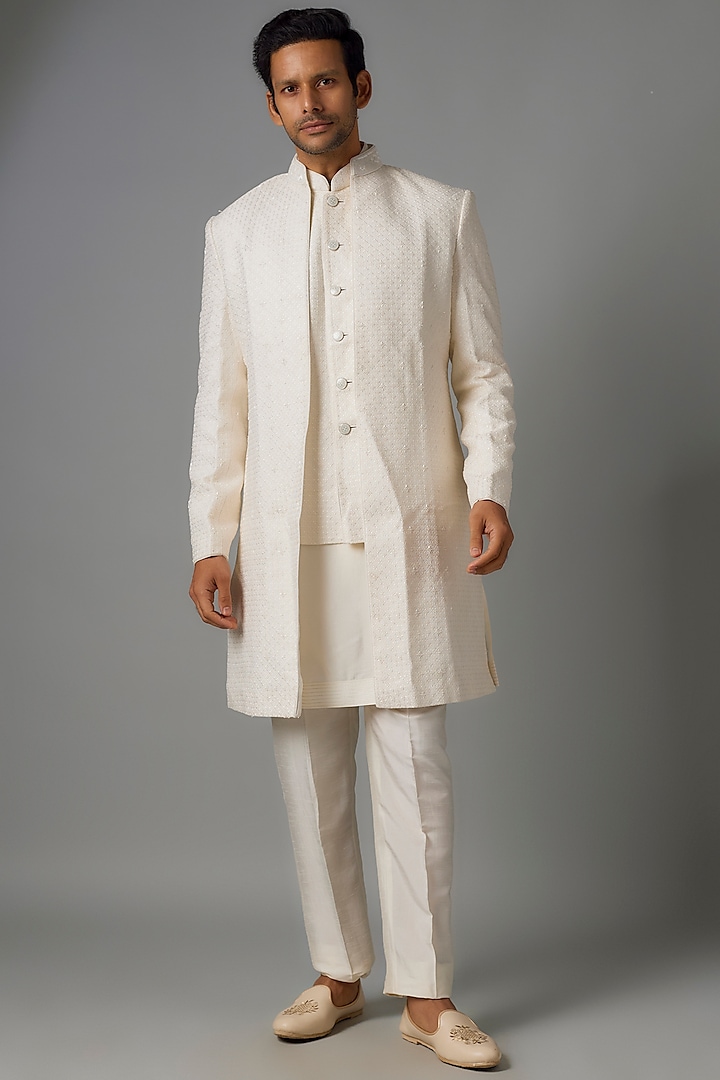 Ivory Silk Indowestern Jacket Set by Vanshik