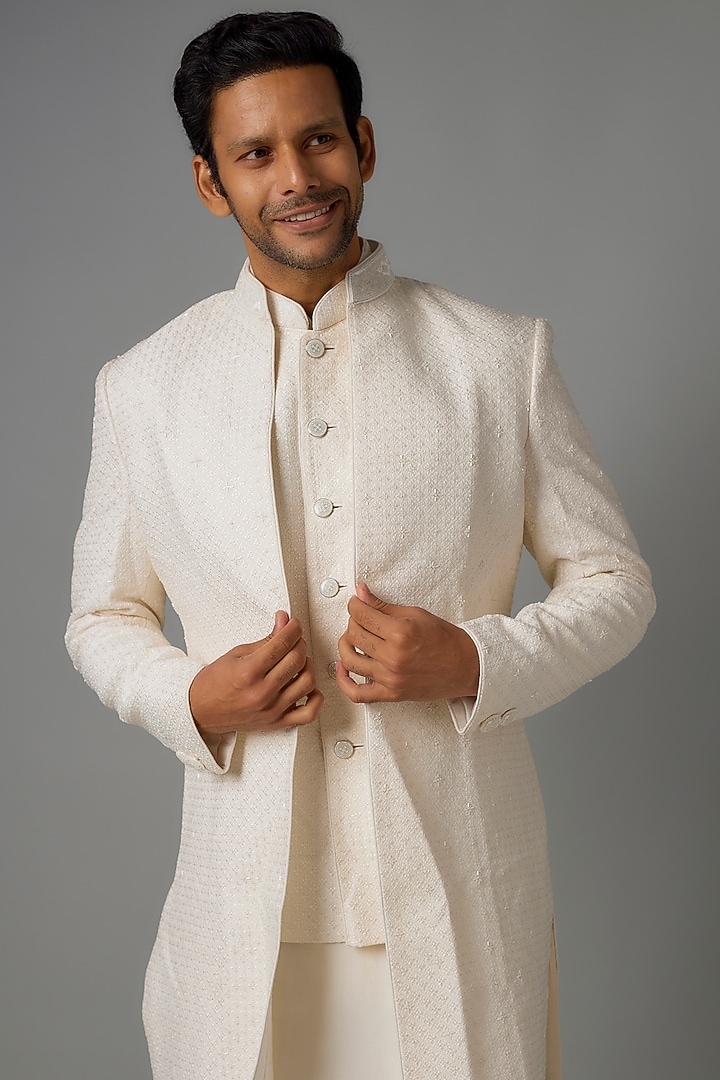 Ivory Silk Wedding Indowestern Jacket Set by Vanshik at Pernia's Pop Up Shop