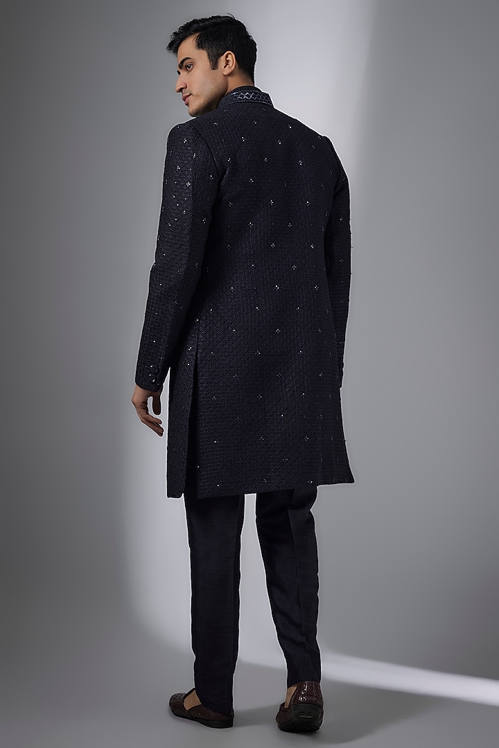 Navy Blue Silk Embroidered Indowestern Set by Vanshik at Pernia's Pop Up Shop