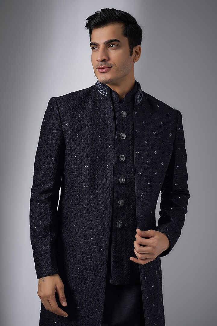 Navy Blue Silk Embroidered Indowestern Set by Vanshik at Pernia's Pop Up Shop
