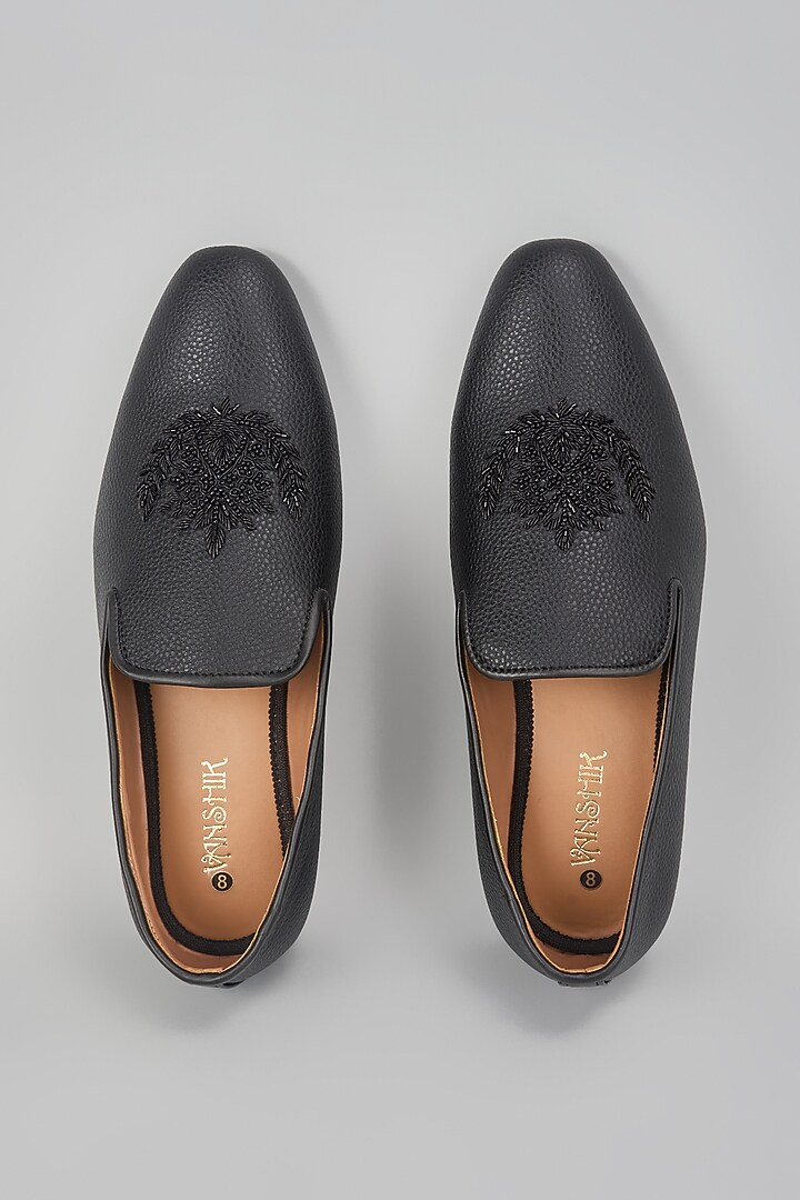 Black Leather Motif Embroidered Mojaris by Vanshik at Pernia's Pop Up Shop
