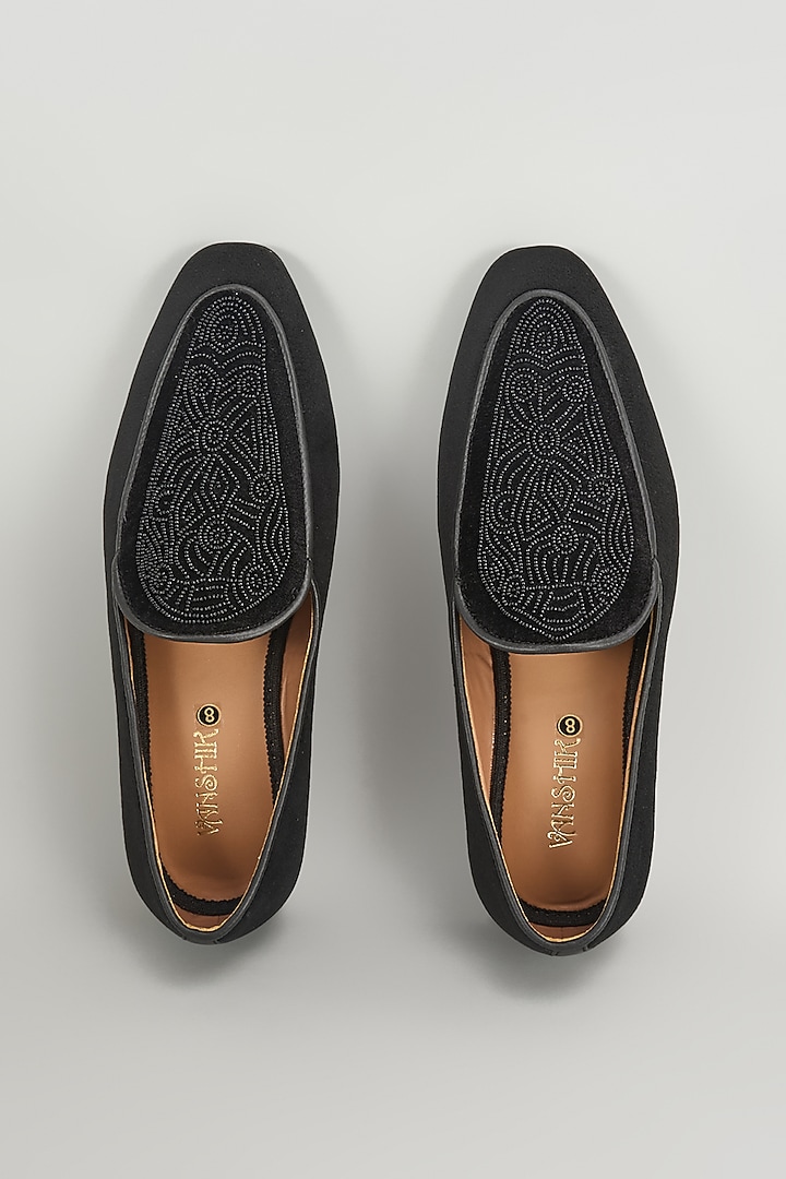 Black Leather Mojaris by Vanshik at Pernia's Pop Up Shop