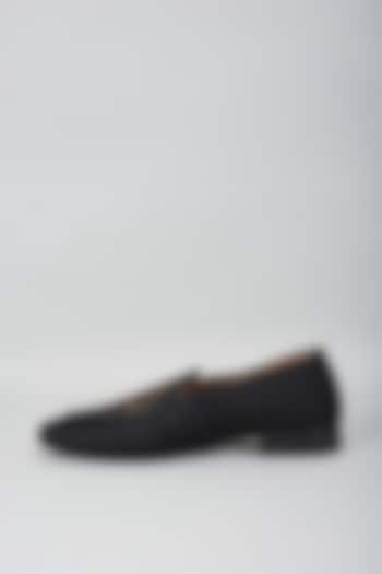 Black Processed Leather Jacquard & Suede Mojris by Vanshik