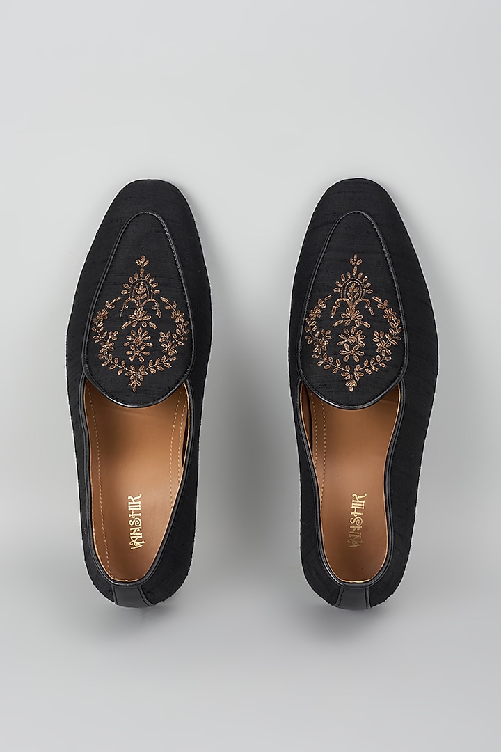 Black Processed Leather Jacquard & Suede Mojris by Vanshik at Pernia's Pop Up Shop