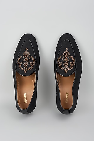 Black Processed Leather Jacquard & Suede Mojris by Vanshik