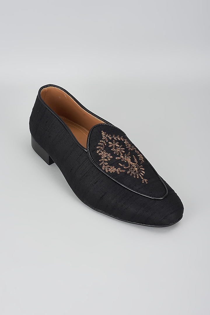 Black Processed Leather Jacquard & Suede Mojris by Vanshik at Pernia's Pop Up Shop