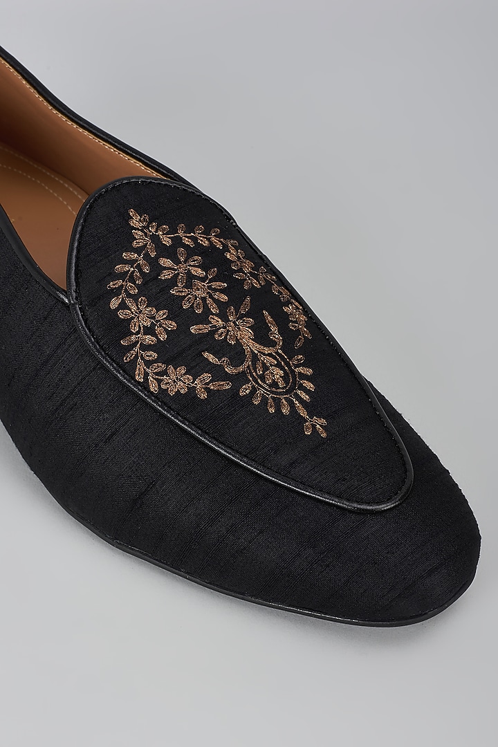 Black Processed Leather Jacquard & Suede Mojris by Vanshik at Pernia's Pop Up Shop