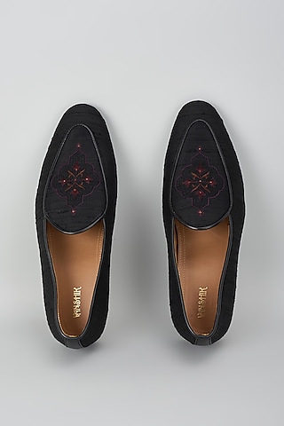 Black Processed Leather Jacquard & Suede Mojris by Vanshik
