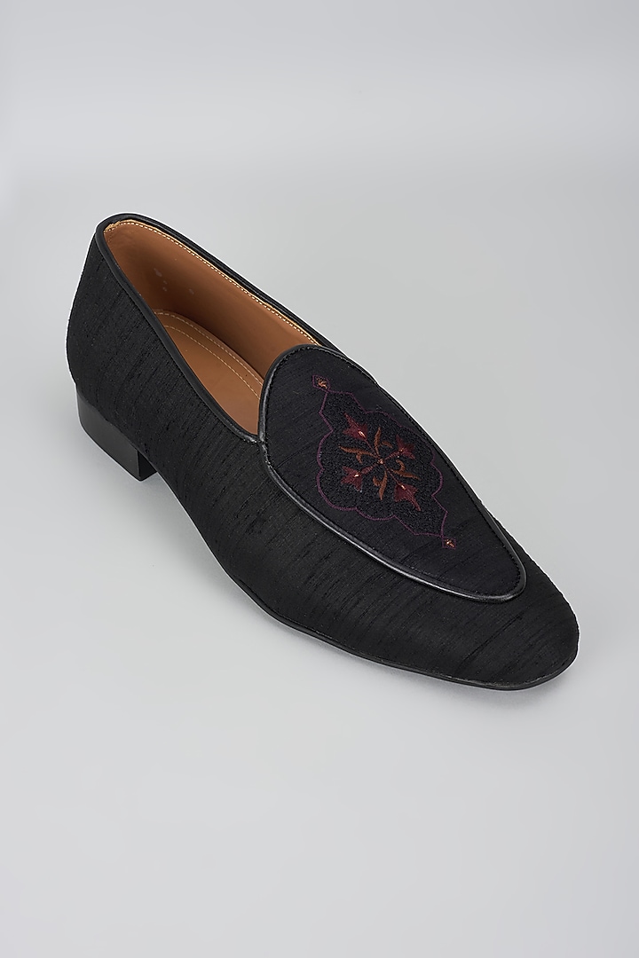 Black Processed Leather Jacquard & Suede Mojris by Vanshik at Pernia's Pop Up Shop