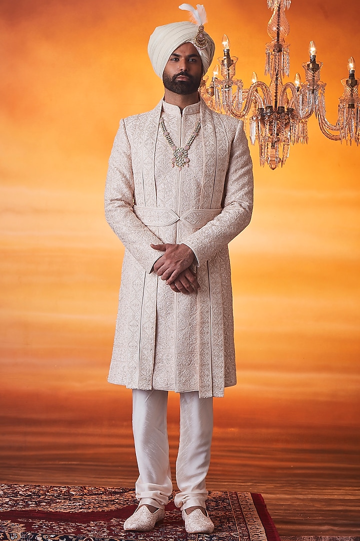 Blush Pink Raw Silk Pearl Embroidered Sherwani Set by Vanshik