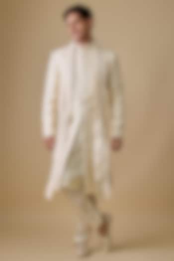 Pearl White Spun Silk Sherwani Set by Vanshik