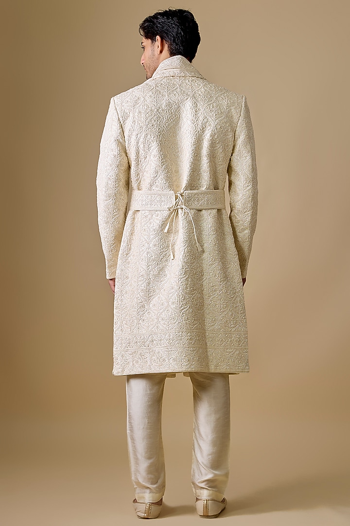 Pearl White Spun Silk Groom Sherwani Set by Vanshik at Pernia's Pop Up Shop