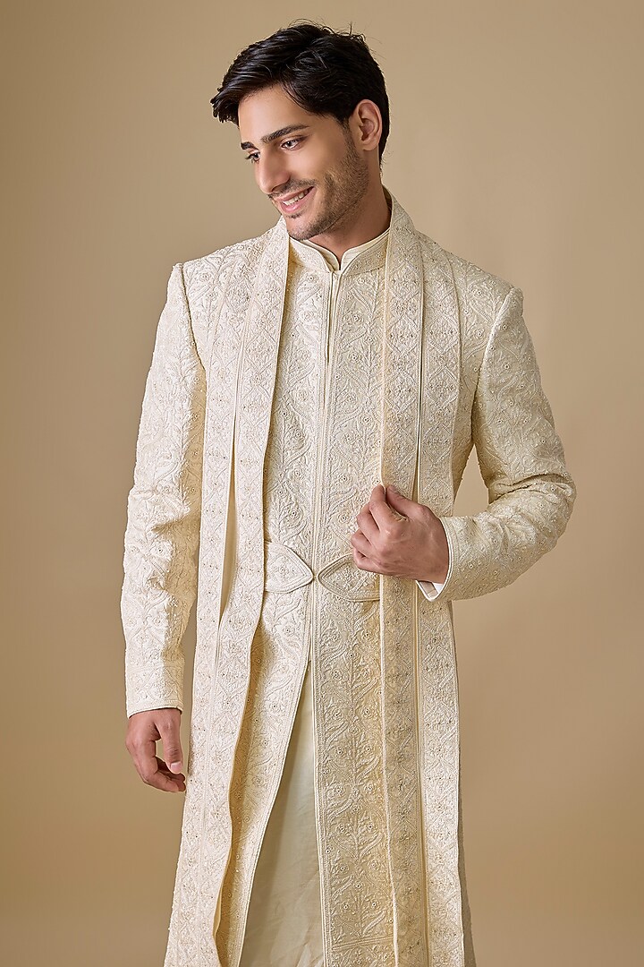 Pearl White Spun Silk Groom Sherwani Set by Vanshik at Pernia's Pop Up Shop