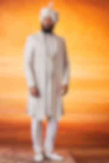 Ivory Silk Zardosi Embroidered Groom Sherwani Set by Vanshik at Pernia's Pop Up Shop