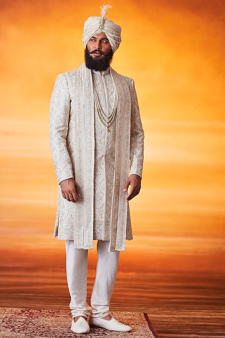 Ivory Silk Zardosi Embroidered Groom Sherwani Set by Vanshik at Pernia's Pop Up Shop