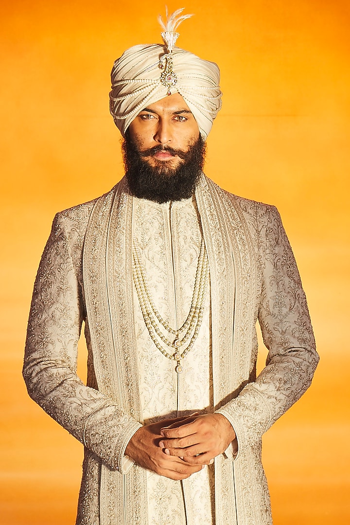 Ivory Silk Zardosi Embroidered Groom Sherwani Set by Vanshik at Pernia's Pop Up Shop