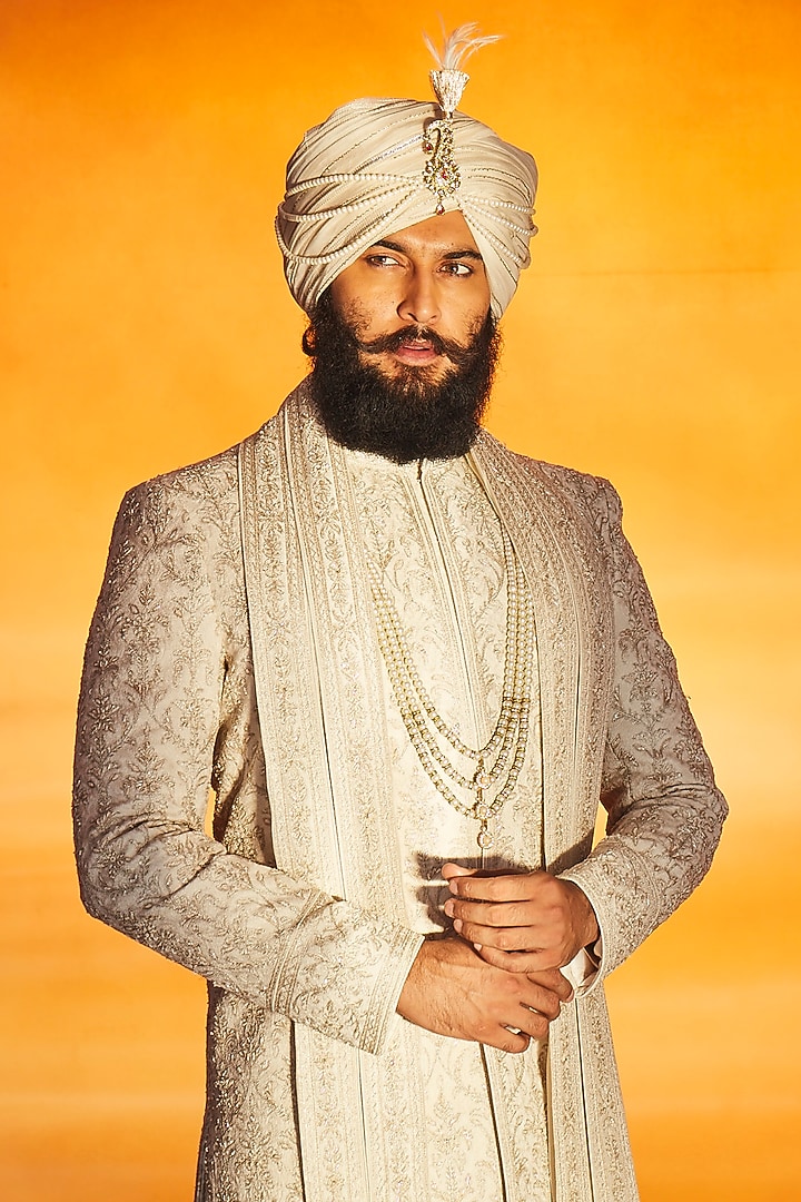Ivory Silk Zardosi Embroidered Groom Sherwani Set by Vanshik at Pernia's Pop Up Shop