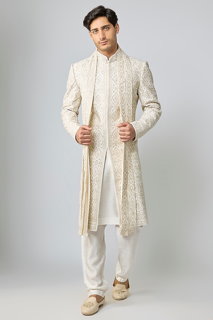 Ivory Silk Groom Sherwani Set by Vanshik at Pernia's Pop Up Shop