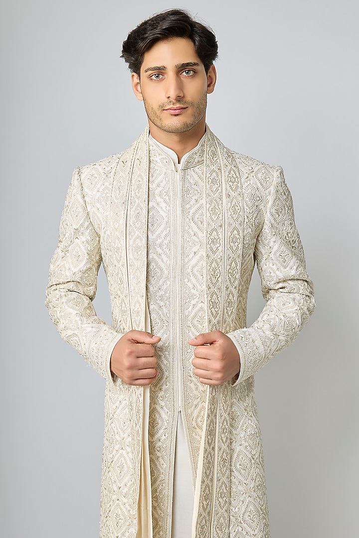 Ivory Silk Groom Sherwani Set by Vanshik at Pernia's Pop Up Shop