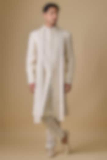 Pearl White Spun Silk Sherwani Set by Vanshik