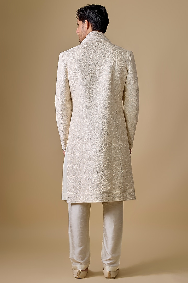 Pearl White Spun Silk Groom Sherwani Set by Vanshik at Pernia's Pop Up Shop