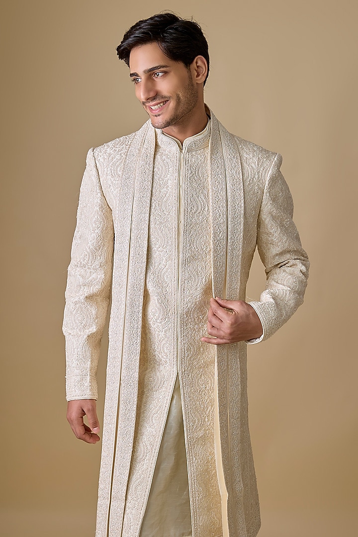 Pearl White Spun Silk Groom Sherwani Set by Vanshik at Pernia's Pop Up Shop