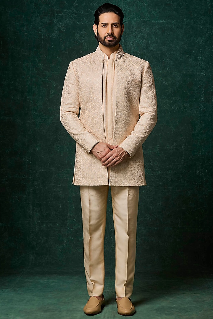 Beige Silk Embroidered Groom Indowestern Set by Vanshik at Pernia's Pop Up Shop