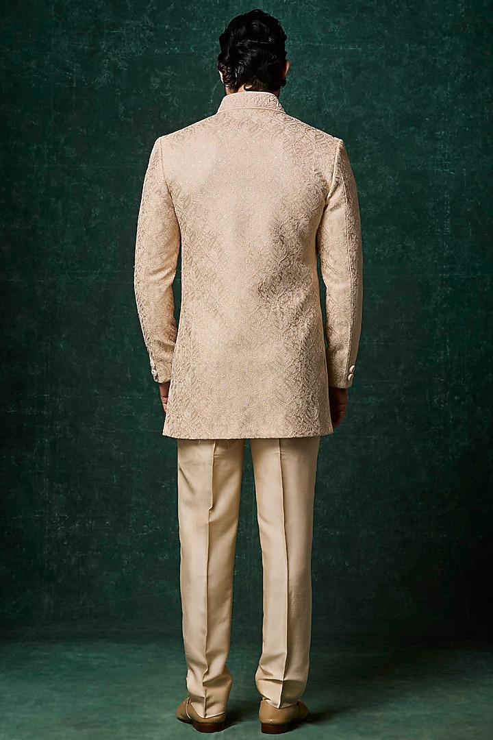 Beige Silk Embroidered Groom Indowestern Set by Vanshik at Pernia's Pop Up Shop