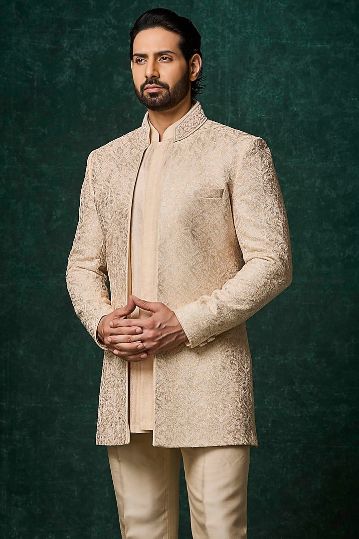 Beige Silk Embroidered Groom Indowestern Set by Vanshik at Pernia's Pop Up Shop