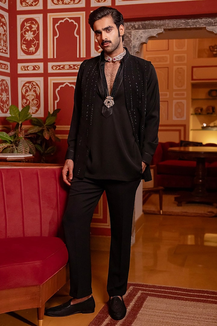 Black Viscose Wedding Indowestern Set by Vanshik at Pernia's Pop Up Shop