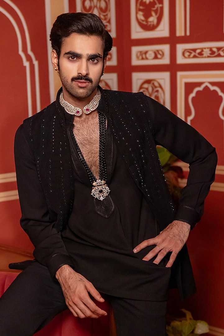 Black Viscose Wedding Indowestern Set by Vanshik at Pernia's Pop Up Shop