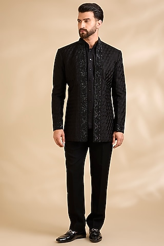 Black silk Indowestern Set by Vanshik