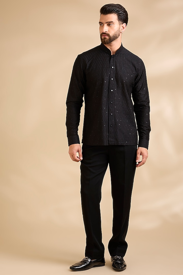 Black silk Groom Indowestern Set by Vanshik at Pernia's Pop Up Shop