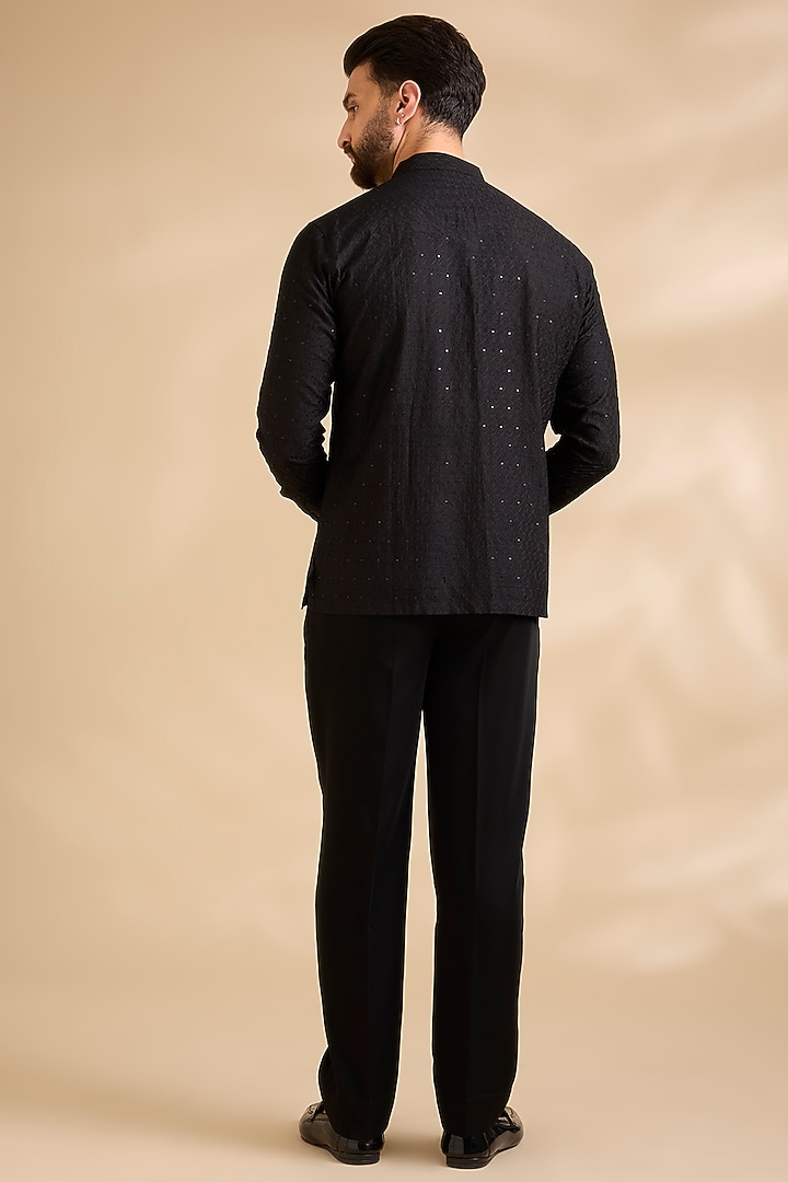 Black silk Groom Indowestern Set by Vanshik at Pernia's Pop Up Shop