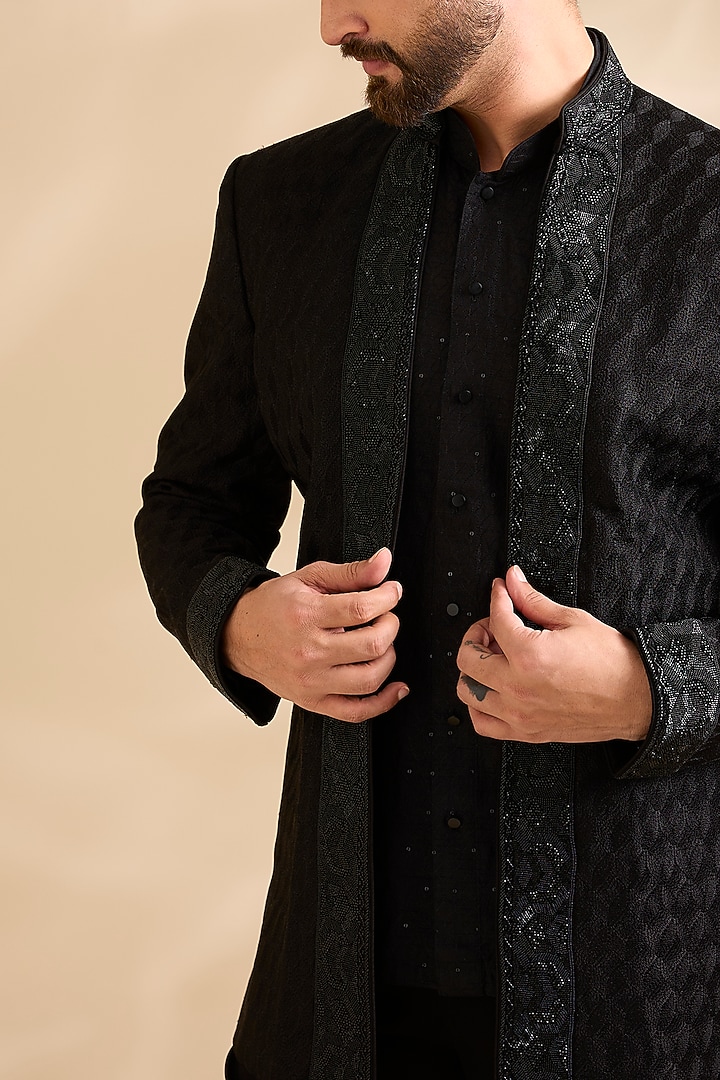 Black silk Groom Indowestern Set by Vanshik at Pernia's Pop Up Shop