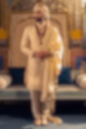 Gold Beige Raw Silk Groom Sherwani Set by Vanshik at Pernia's Pop Up Shop