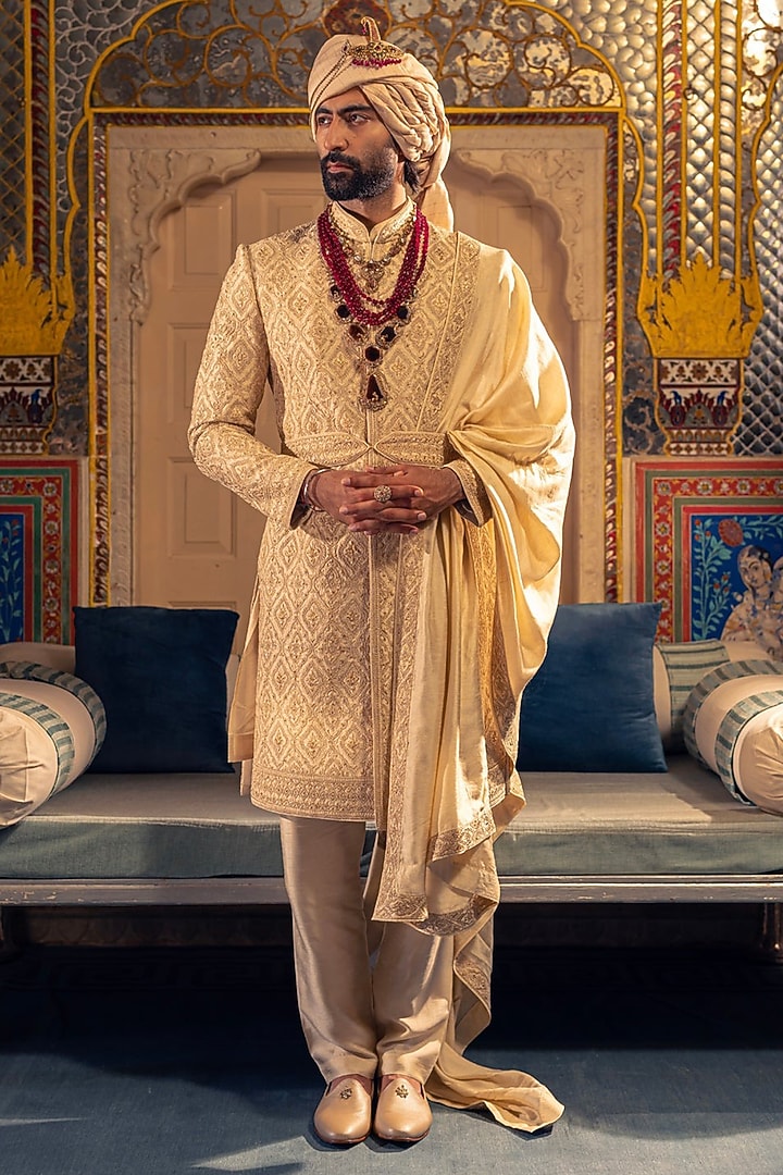 Gold Beige Raw Silk Groom Sherwani Set by Vanshik at Pernia's Pop Up Shop