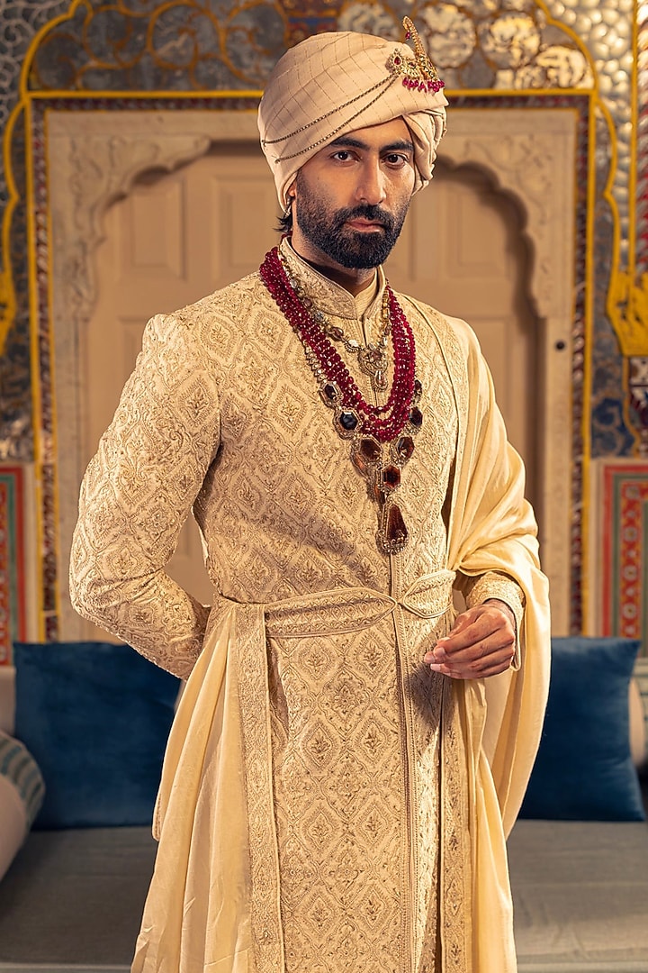 Gold Beige Raw Silk Groom Sherwani Set by Vanshik at Pernia's Pop Up Shop
